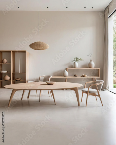 Sustainable Minimalism - A professional close-up photo of a minimalistic interior workshop with sculptural furniture and neutral color palettes Gen AI