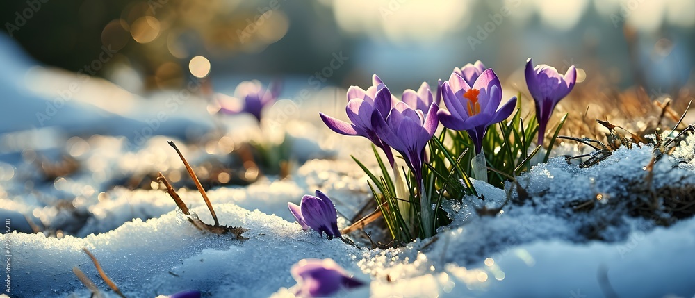 Beautiful crocus flowers in the mountains. Early spring in the Carpathians. - obrazy, fototapety, plakaty 