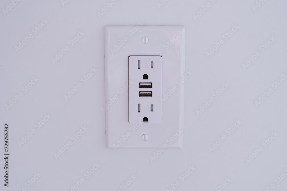 Electrical outlet with usb connectors close up on a wall Electrical outlet with usb connectors close up on a wall