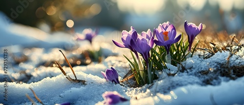 Beautiful crocus flowers in the mountains. Early spring in the Carpathians. photo