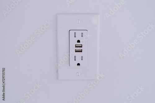 Electrical outlet with usb connectors close up on a wall