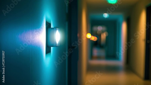 A motion detector in a hallway triggering lights to turn on only when someone walks by helping to conserve energy in lowtraffic areas. photo