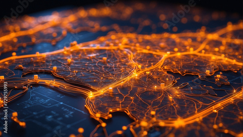 A glowing orange digital world map