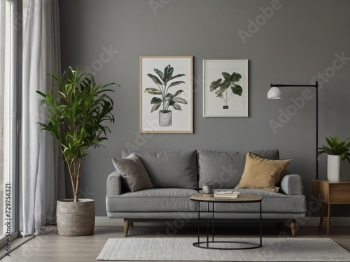 White minimalist living room interior with sofa on a wooden floor, decor on a large wall, white landscape in window. Home nordic interior. 3D illustration 
