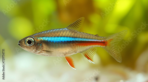 A neon tetra swimming with its dazzling blue stripe.