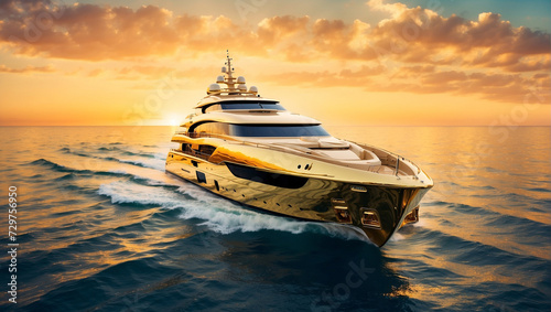 A luxury mega yacht with golden glass