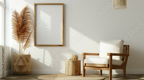 Minimalist composition of living room with brown mock up picture frame, plant, retro armchair, dried tropical leaf, decoration and elegant personal accessories in stylish home decor. Template