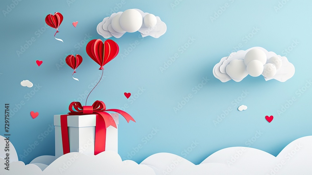Obraz premium 3D paper art and red balloon heart gift floating in the sky with cloudscape landscape .party,birthday,valentine concept