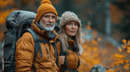 Enthusiastic senior couple with backpacks hiking together in nature on an autumn day.