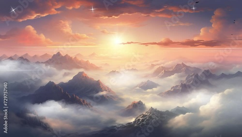 beautiful view above cloudscape and mountains. seamless looping overlay 4k virtual video animation background  photo