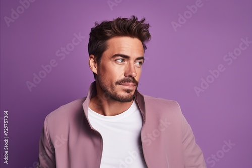 Portrait of handsome young man looking away while standing against purple background