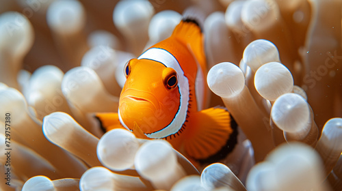 A serene clownfish nestled among anemones with the waves