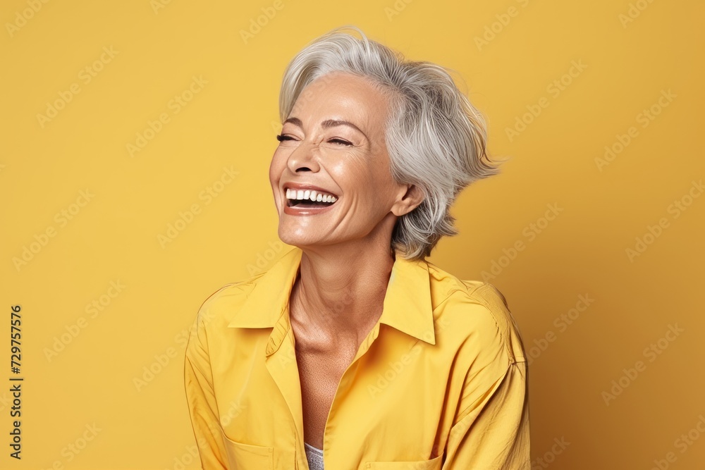 Portrait of happy senior woman laughing and looking up over yellow background Portrait of happy senior woman laughing and looking up over yellow background
