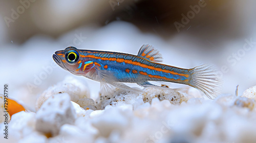 A tiny neon goby with vibrant electric blue stripes. photo