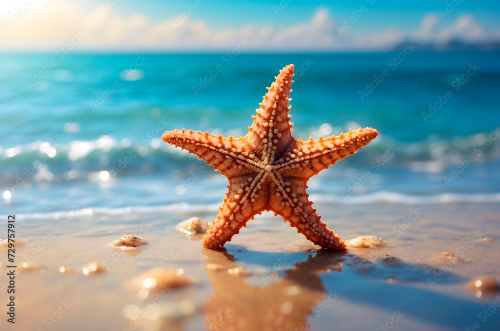 A starfish on the background of an azure sea. The concept of a beach holiday. A starfish on the background of an azure sea. The concept of a beach holiday.
