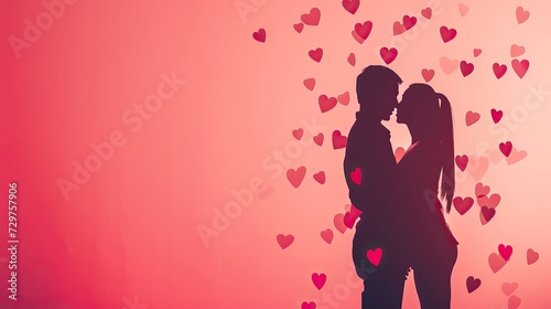 Cute and unique Valentine's Day background,lovers couple,pink background,with heart shape.Lovers hugging