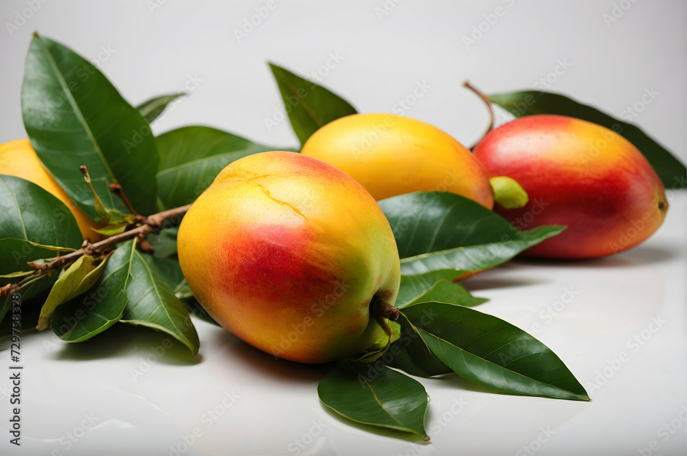Delicious ripe mangoes on white background. tropical fruits
