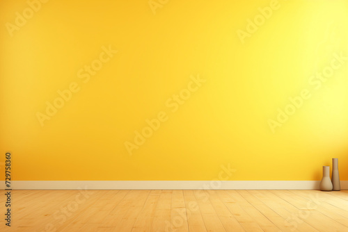 An empty  warm yellow wall background with a wooden floor.  Generative AI 