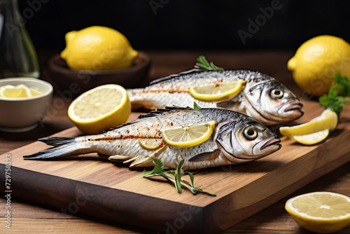 Delicious grilled fish. Freshly cooked with lemon slices on wooden board. Perfect for seafood lovers.