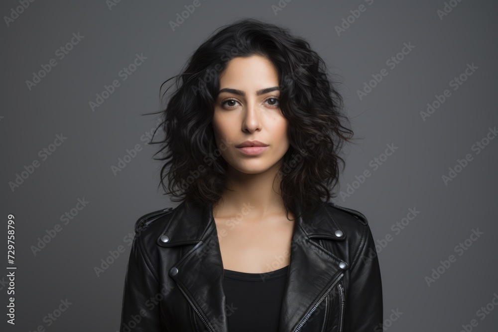 Portrait of a beautiful brunette woman in a black leather jacket.