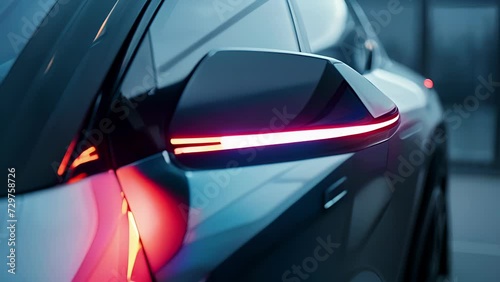 A detailed shot of the side mirror accent on a silver car with a sleek and futuristic neon light that contrasts perfectly with the color of the vehicle. photo