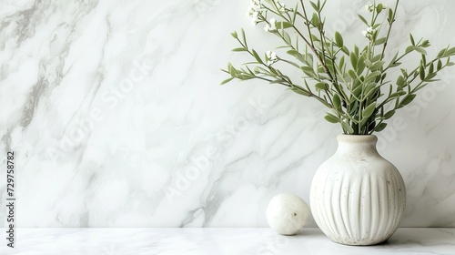 Vase and plants isolated on white marble table and white marble backgrounds with copy space, apartment or kitchen interior design photo