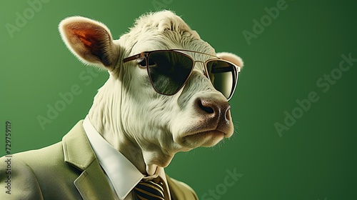 Stylish bull wearing sunglasses and suit fashion on green background, business wide banner with space for text © Gethuk_Studio