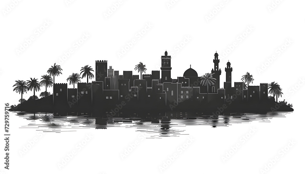 A silhouette of an Arabian city against a white background, perfect for travel and tourism designs or architectural illustrations.