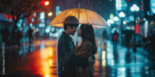 Asian couple under the umbrella in the rainy city