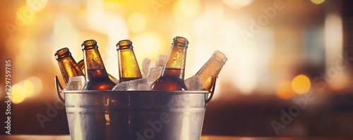 Metal bucket with cold bottles of beer on the bar blurred background