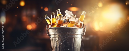 Metal bucket with cold bottles of beer on the bar blurred background