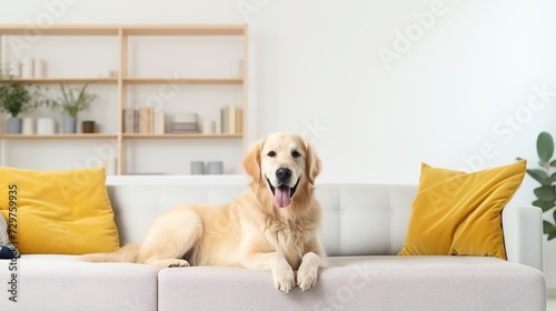 Golden retriever dog sitting on the sofa at living room, chill and relax