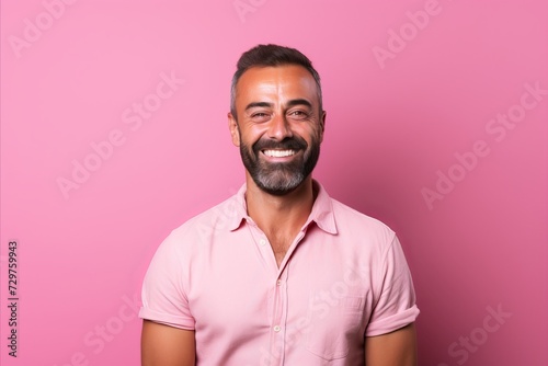 Portrait of a happy young bearded Indian man on a pink background