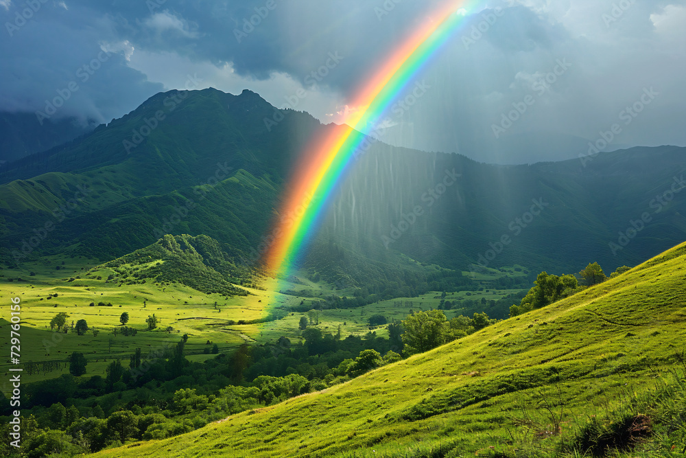 Obraz premium Mountain with colorful rainbow in cloudy sky over field. Nature landscape after storm. Spring morning. St Patrick Day holiday symbol. Background for design card, invitation, banner, poster