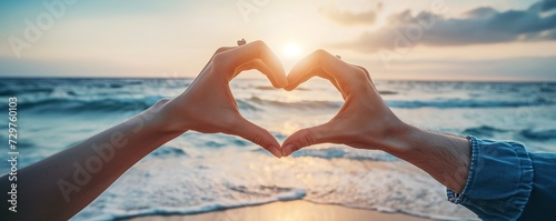 Two couple hands making heart symbol on sunset or sunrise beach background, love and compassion concept photo