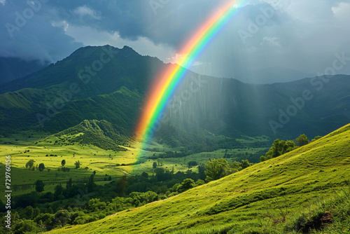 Fototapeta Naklejka Na Ścianę i Meble -  Mountain with colorful rainbow in cloudy sky over field. Nature landscape after storm. Spring morning. St Patrick Day holiday symbol. Background for design card, invitation, banner, poster