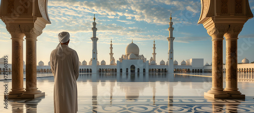 Muslim imam looking at beautiful mosque, Islam religion concept. photo