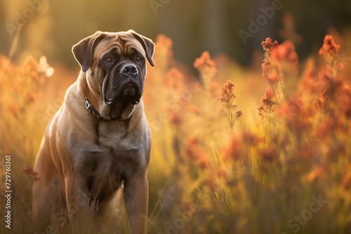 Bullmastiff dog sitting in meadow field surrounded by vibrant wildflowers and grass on sunny day ai generated