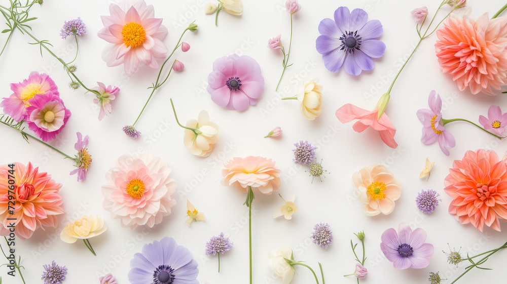 pink, white, blue and clear yellow flowers on a white background pink, white, blue and clear yellow flowers on a white background