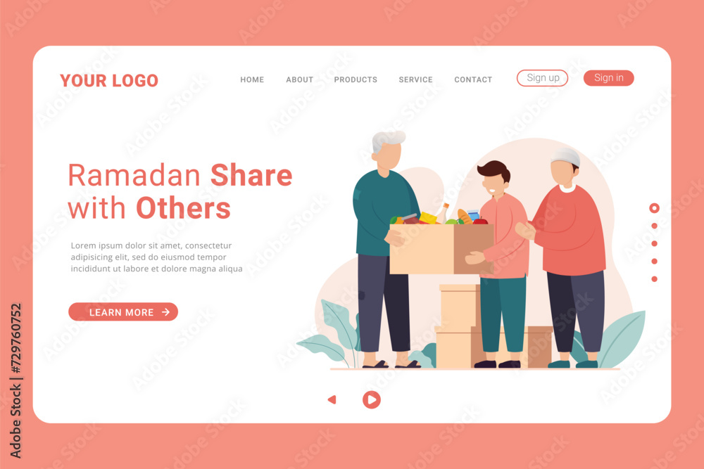 Landing page templateIslamic Ramadan concept of giving charity or share with others on landing page. Pay Zakat on landing page banner