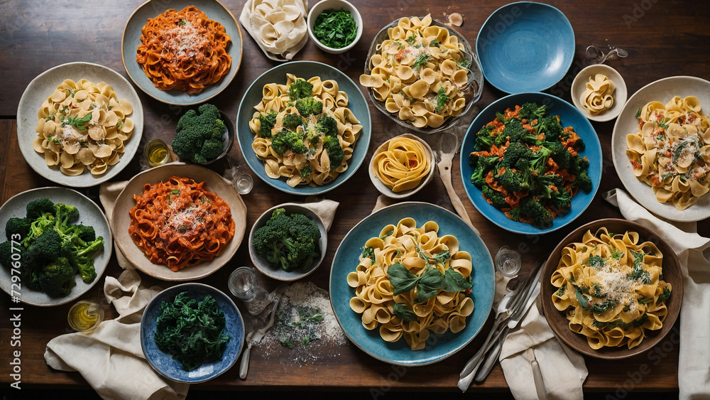 An overhead shot of a wooden table adorned with an array of colorful plates, each filled with a different variety of homemade pasta from tagliatelle