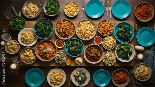 An overhead shot of a wooden table adorned with an array of colorful plates, each filled with a different variety of homemade pasta from tagliatelle
