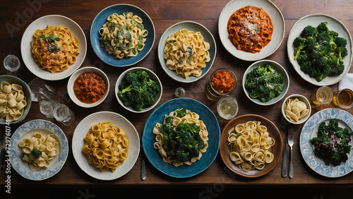 An overhead shot of a wooden table adorned with an array of colorful plates, each filled with a different variety of homemade pasta from tagliatelle