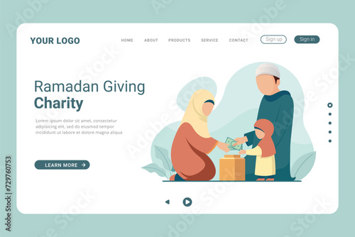 Islamic Ramadan concept of giving charity or share with others on landing page. Pay Zakat on landing page banner