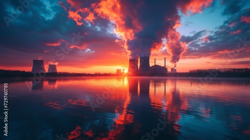 A large nuclear power plant station Nuclear and cooling towers with a landscape.high-voltage tower at sunset photo