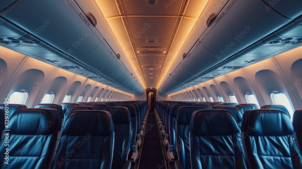Empty Airplane Cabin with Blue Seats. Empty Airplane Cabin with Blue Seats.