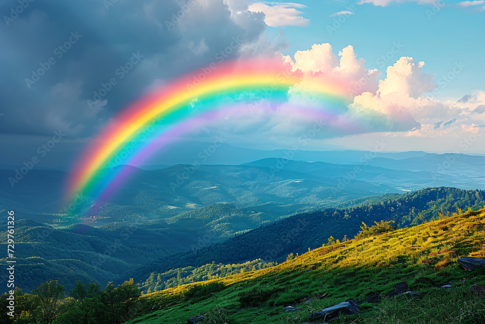 Mountain with colorful rainbow in cloudy sky over field. Nature landscape after storm. Spring morning. St Patrick Day holiday symbol. Background for design card, invitation, banner, poster Mountain with colorful rainbow in cloudy sky over field. Nature landscape after storm. Spring morning. St Patrick Day holiday symbol. Background for design card, invitation, banner, poster