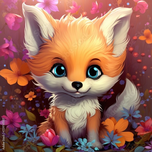 Fluffy cute little fox in a flower meadow.