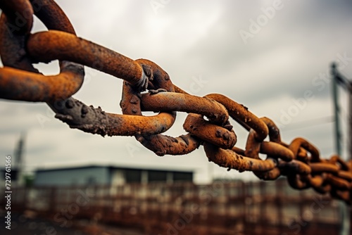 An intricate close-up of a chain link fence at an industrial site, with rusted metal structures and machinery looming in the background under a cloudy sky