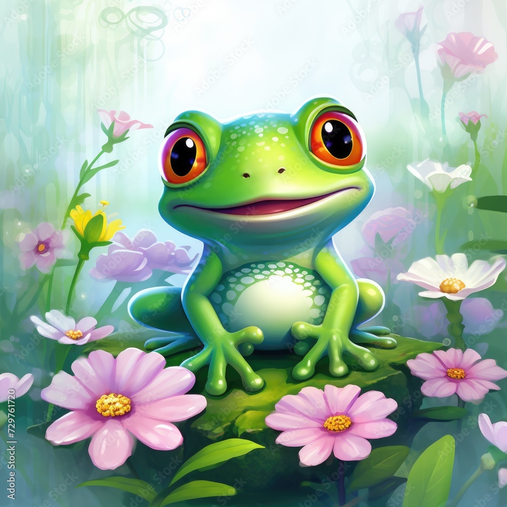 Cute cheerful green frog in pink flowers. Cute cheerful green frog in pink flowers.